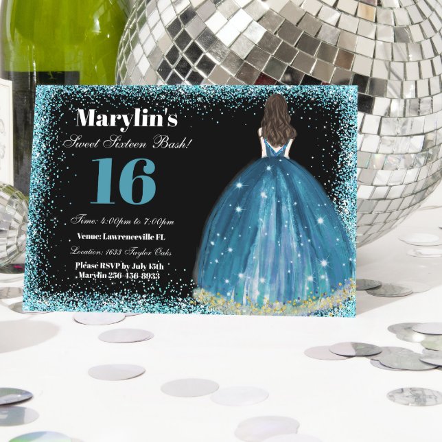 Invitación Purpurina Turquesa Princess Sweet 16 Ballgown (Subido por el creador)