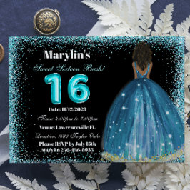 Invitación Purpurina Turquesa Princess Sweet 16 Relieve metal