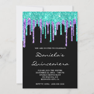 Invitación Purpurina turquesa púrpura gotea Quinceañera negra