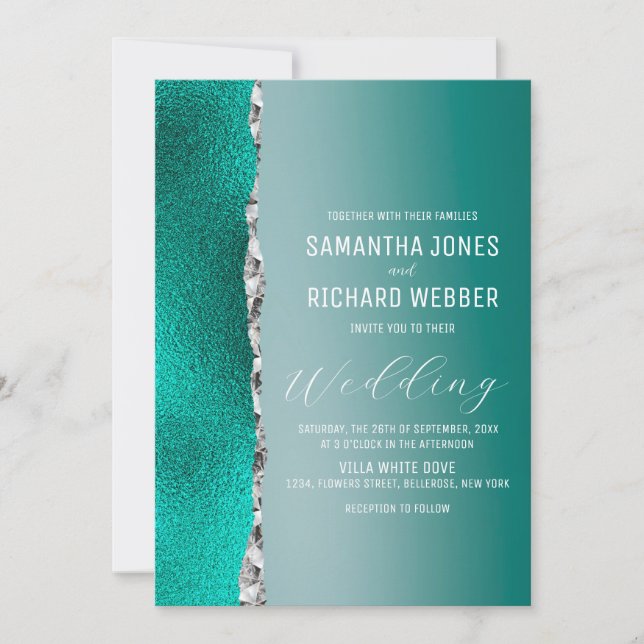 Invitación Purpurina Turquesa Verde azulado de lujo Boda  (Anverso)