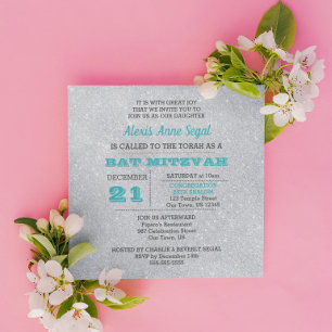 Invitación Purpurina Turquesa y Plata Glam Bat Mitzvah