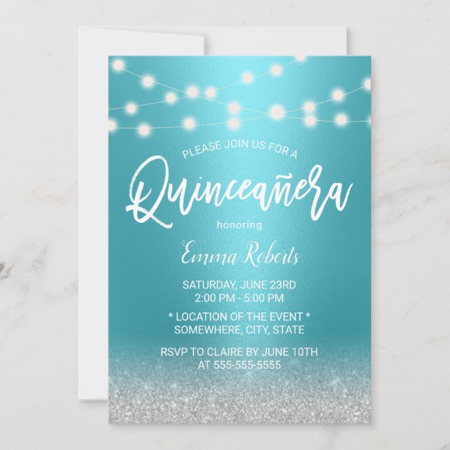 Invitación Purpurina Turquesa y Plata Moderna Quinceanera 15 (Anverso)