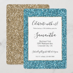 Invitación Purpurina Turquoise Aqua Blue Gold