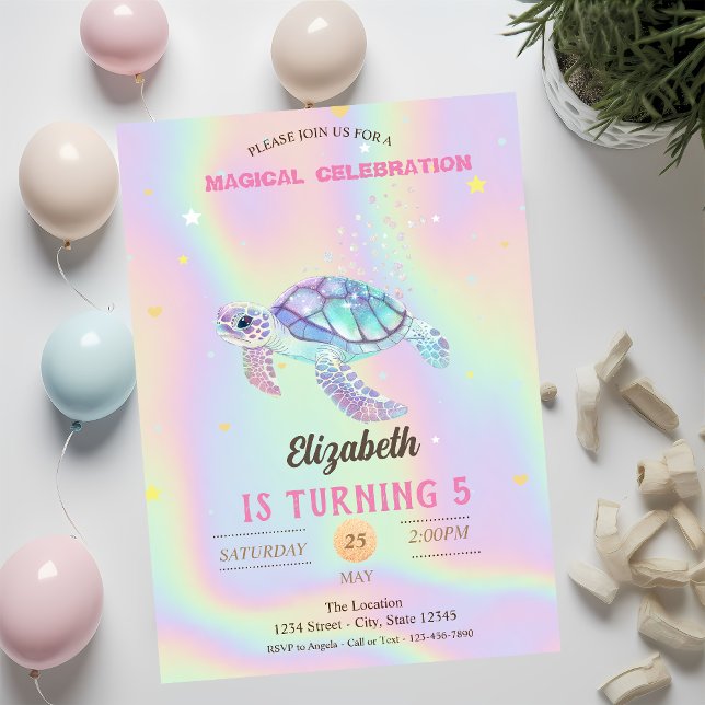 Invitación Purpurina Turtle Summer Holographic Cumpleaños (Subido por el creador)