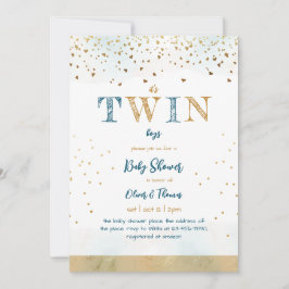 Invitación Purpurina Twin Blue Gold Simple Baby Boy Shower