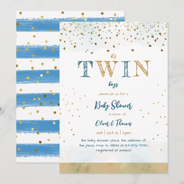 Invitación Purpurina Twin Blue Gold Simple Baby Boy Shower (Anverso / Reverso)
