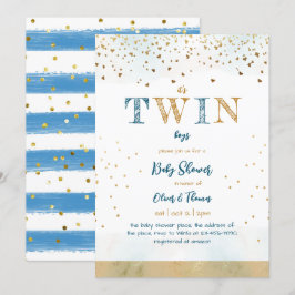 Invitación Purpurina Twin Blue Gold Simple Baby Boy Shower