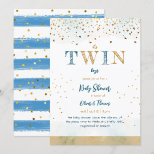 Invitación Purpurina Twin Blue Gold Simple Baby Boy Shower