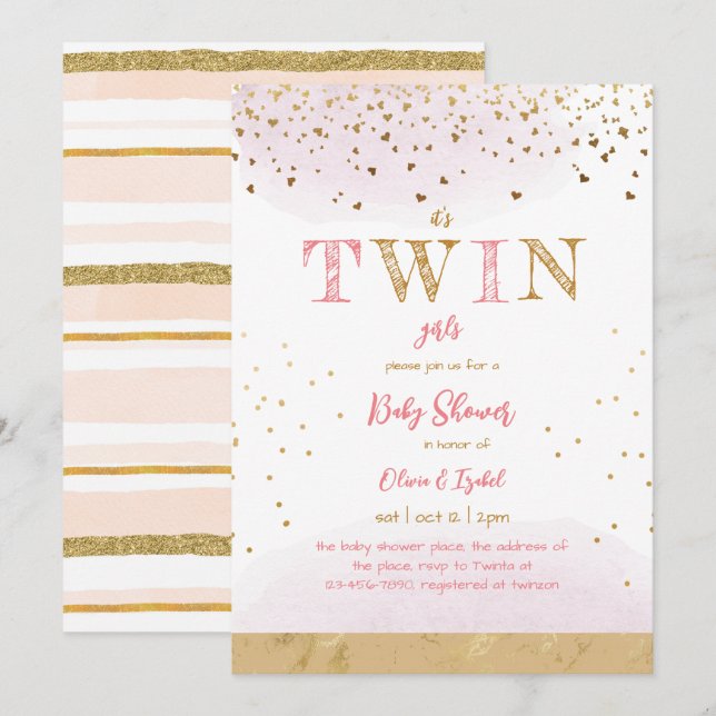 Invitación Purpurina Twin Pink Gold Simple Baby Shower (Anverso / Reverso)