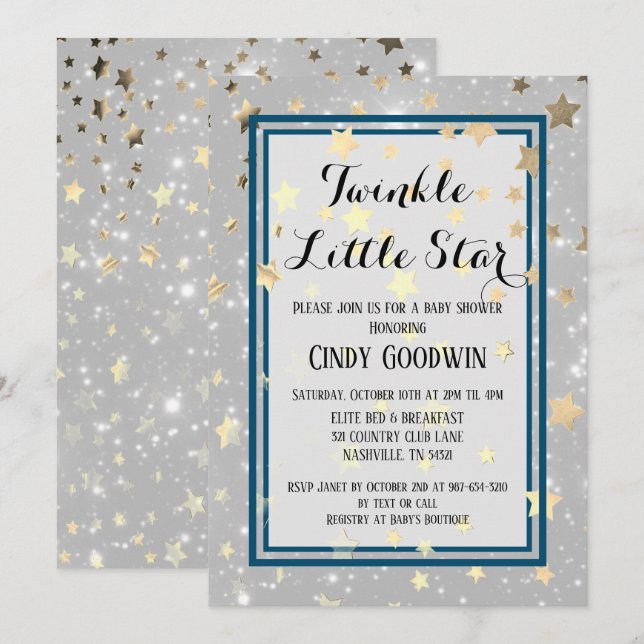 Invitación Purpurina Twinkle Little Star Gold Baby Shower (Anverso / Reverso)