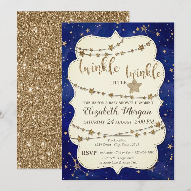 Invitación Purpurina Twinkle Little Star Gold Baby Shower (Anverso / Reverso)