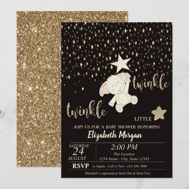 Invitación Purpurina Twinkle Little Star Gold, Bear Baby Show (Anverso / Reverso)