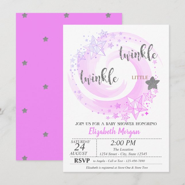 Invitación Purpurina Twinkle Little Star Silver Baby Shower (Anverso / Reverso)