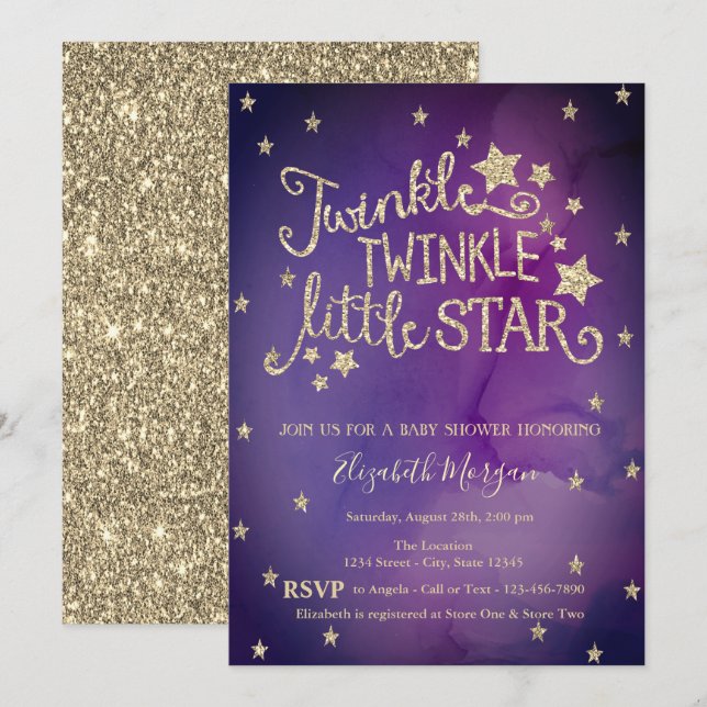 Invitación Purpurina Twinkle Little Star Violet Baby Shower (Anverso / Reverso)