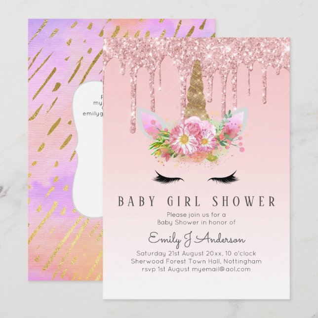 Invitación PURPURINA UNICORN Bebé CHICA Ducha Oro rosa (Anverso / Reverso)