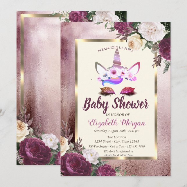 Invitación Purpurina Unicorn, Bokeh, Burgundy Floral Baby Sho (Anverso / Reverso)