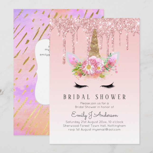 Invitación Purpurina Unicorn BRIDAL DUCHA Oro Rosa (Anverso / Reverso)