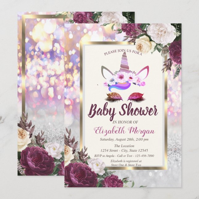 Invitación Purpurina Unicorn, Burgundy Floral Baby Shower (Anverso / Reverso)
