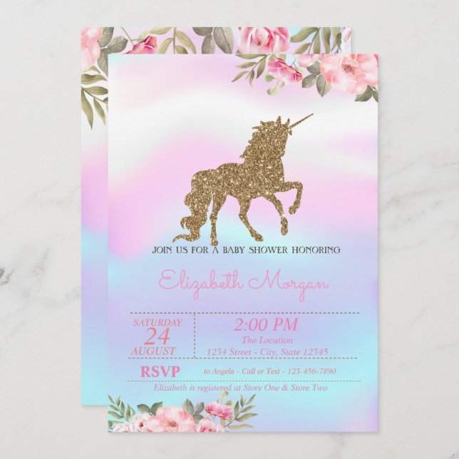 Invitación Purpurina Unicorn Floral Holographic Baby Shower (Anverso / Reverso)