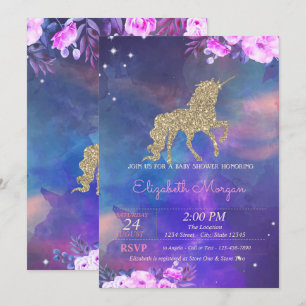 Invitación Purpurina Unicorn Floral Watercolor Baby Shower