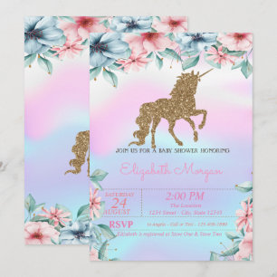 Invitación Purpurina Unicorn Holographic Floral Baby Shower