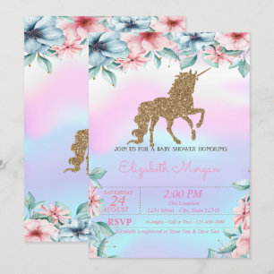 Invitación Purpurina Unicorn Holographic Floral Baby Shower