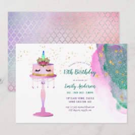 Invitación Purpurina Unicornio Relieve metalizado dorado Rosa