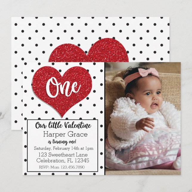 Invitación Purpurina Valentine foto primer cumpleaños (Anverso / Reverso)