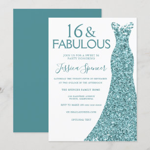 Invitación Purpurina verde azul verde azulado vestido dulce 1