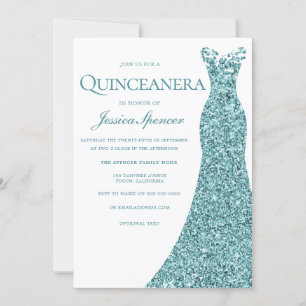 Invitación Purpurina verde azul verde azulado vestido Quincea