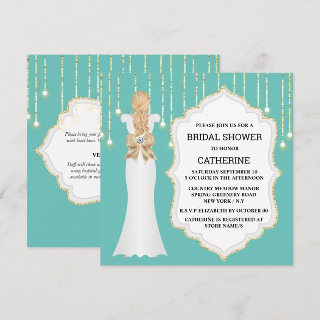 Invitación Purpurina verde azulada de oro vestido de novia el (Anverso / Reverso)
