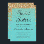 Invitación Purpurina verde azulada Girona Azul Sparkle Sweet<br><div class="desc">Verde azulada Aqua Blue Girly Gold Purpurina y Sparkle Sweet Dieciséis Birthday Party Invitation. Esta invitación es perfecta para una fiesta de cumpleaños Turquesa Girly Sweet 16. Póngase en contacto con el diseñador para obtener elementos coincidentes personalizados.</div>
