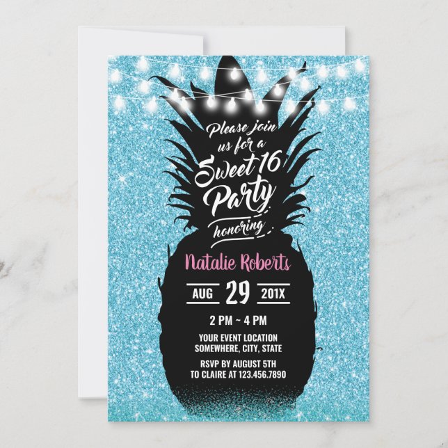 Invitación Purpurina Verde azulada moderna Pineapple Sweet 16 (Anverso)