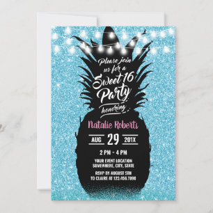 Invitación Purpurina Verde azulada moderna Pineapple Sweet 16