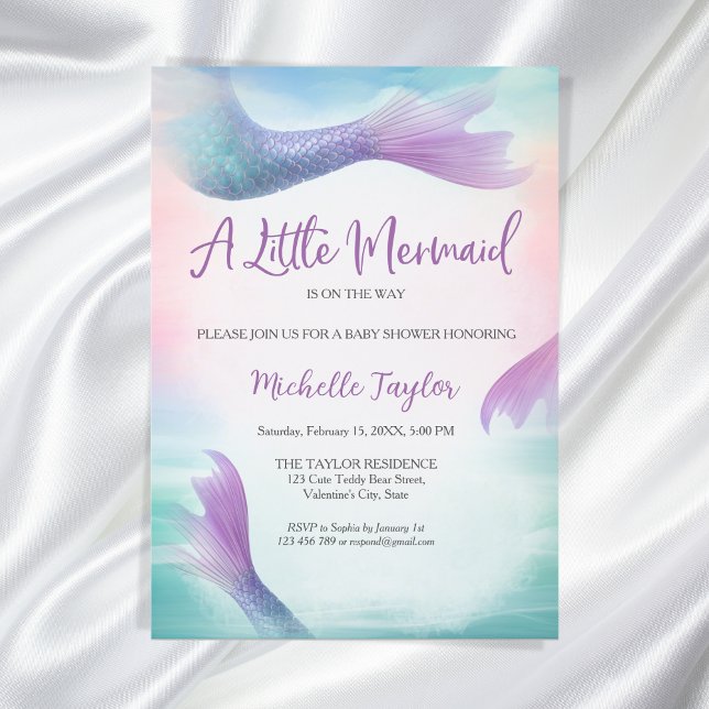 Invitación Purpurina Verde azulada Sirenita Chica de verano b (little mermaid baby shower)