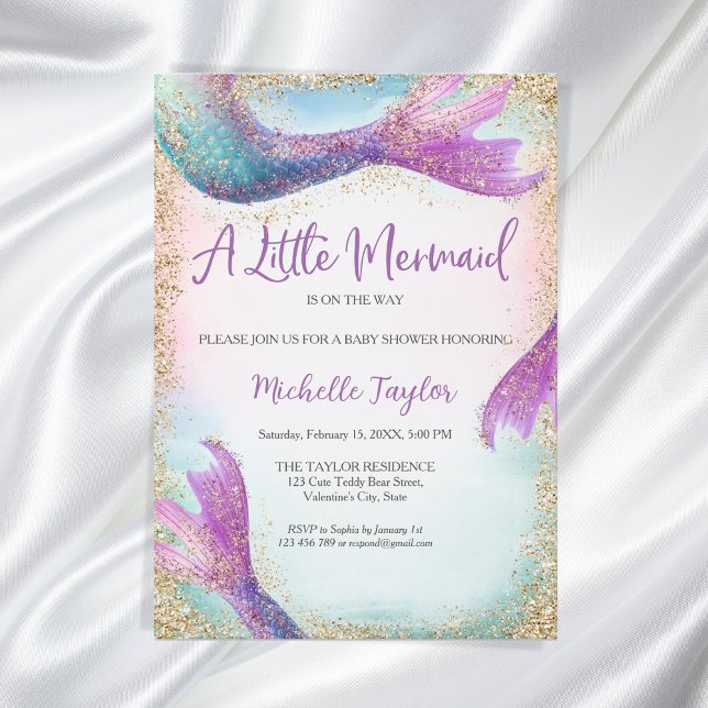 Invitación Purpurina Verde azulada Sirenita Chica de verano b (little mermaid teal glitter)