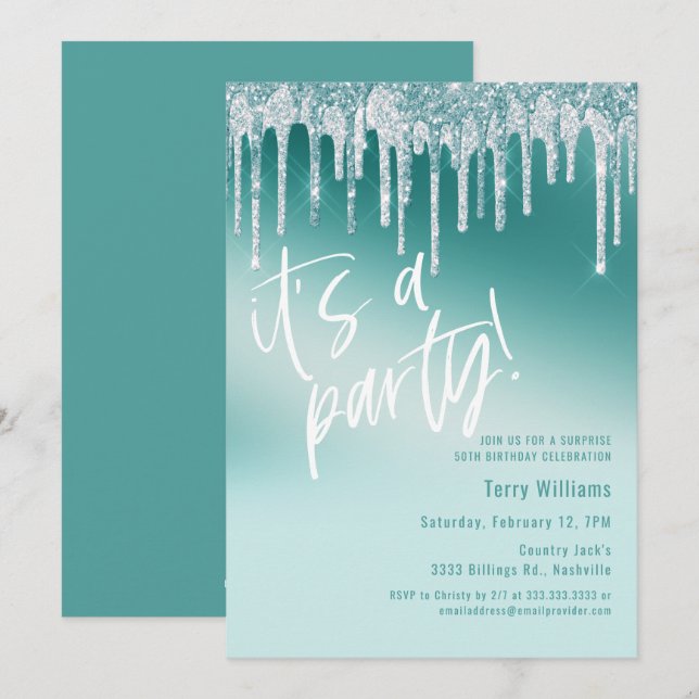 Invitación Purpurina Verde azulado azul sorpresa 50 cumpleaño (Anverso / Reverso)