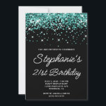 Invitación Purpurina verde azulado Black 21st Birthday<br><div class="desc">Una moderna escritura en monolina invitación por el 21 cumpleaños para ella. Puedes personalizar esta invitación para otra celebración de cumpleaños. El arte digital presenta un purpurina verde azulado brillante verde azulado y oscuro con chispas extra contra un color de fondo negro sólido. Todos los elementos brillantes y purpurinoso de...</div>