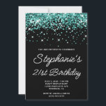 Invitación Purpurina verde azulado Black 21st Birthday<br><div class="desc">Una moderna escritura en monolina invitación por el 21 cumpleaños para ella. Puedes personalizar esta invitación para otra celebración de cumpleaños. El arte digital presenta un purpurina verde azulado brillante verde azulado y oscuro con chispas extra contra un color de fondo negro sólido. Todos los elementos brillantes y purpurinoso de...</div>
