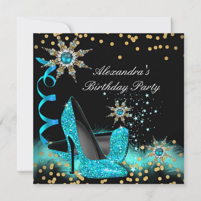 Invitación Purpurina Verde azulado Blue High Heels Black Bird (Anverso)