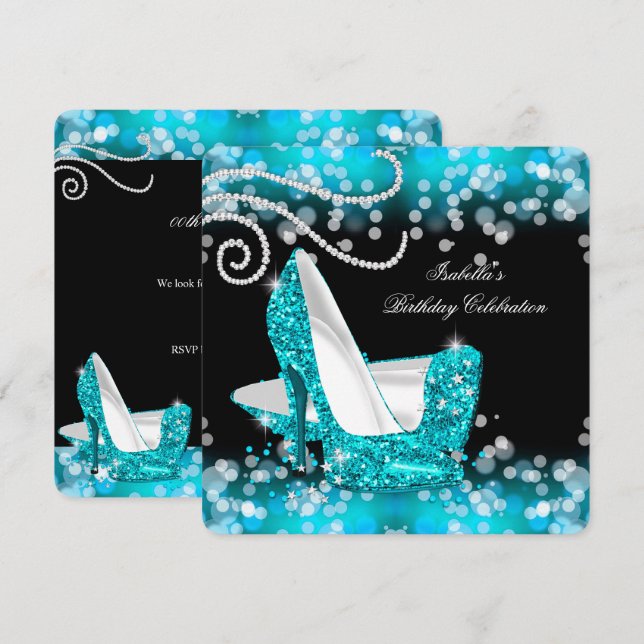 Invitación Purpurina Verde azulado Blue High Heels Diamonds C (Anverso / Reverso)