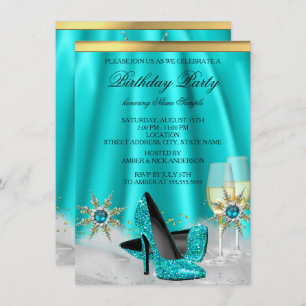 Invitación Purpurina Verde azulado Blue High Heels Gold Champ