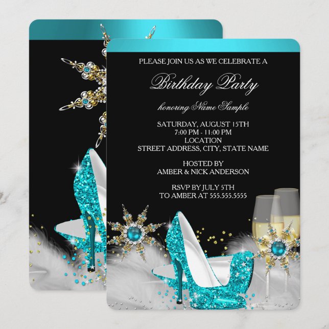 Invitación Purpurina Verde azulado Blue High Heol Black Gold  (Anverso / Reverso)