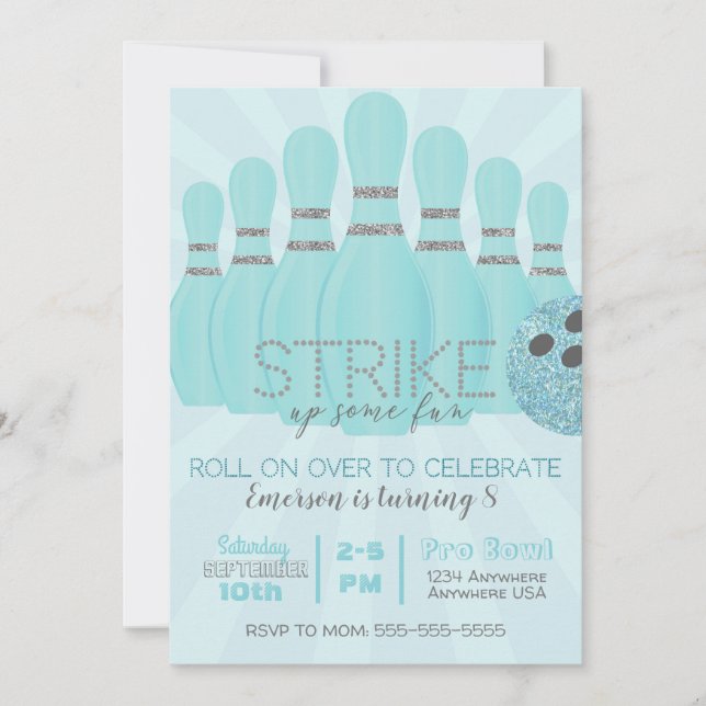 Invitación Purpurina Verde azulado Bowling Fiesta de cumpleañ (Anverso)
