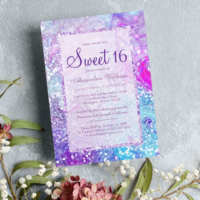 Invitación Purpurina verde azulado de mármol de Girly lilac l (Girly lilac lavender teal marble glitter Sweet 16 Invitation )