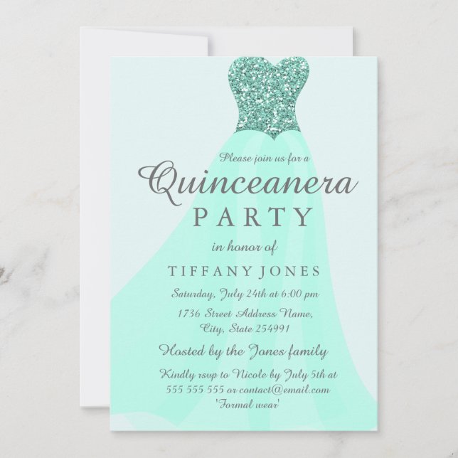 Invitación Purpurina verde azulado de Mint Sparkling Fiesta Q (Anverso)