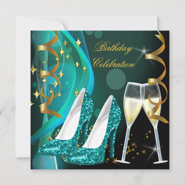 Invitación Purpurina Verde azulado de oro Shoes Champagne fie (Anverso)