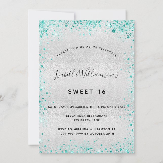 Invitación Purpurina verde azulado de plata Sweet 16 (Anverso)