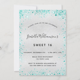 Invitación Purpurina verde azulado de plata Sweet 16
