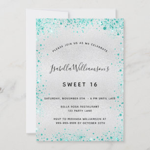 Invitación Purpurina verde azulado de plata Sweet 16